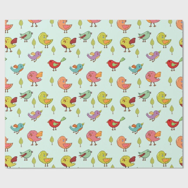 Cute Whimsical Hand Drawn Birds Mönster Presentpapper (Platt)
