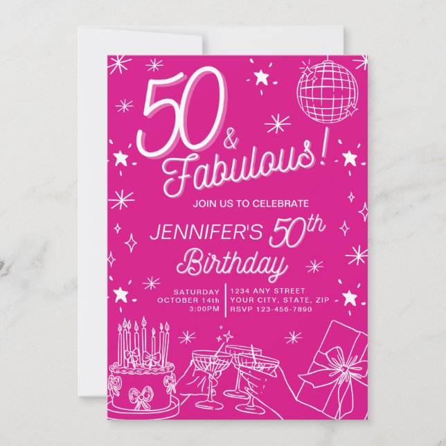 Cute Whimsical Hand plockade 50 och Fabulous Birth Inbjudningar (Framsida)