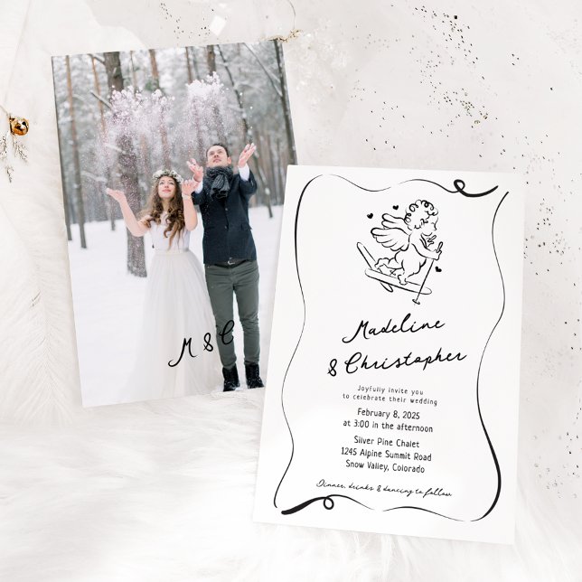 Cute Whimsical Hand plockade Cupid Ski Photo Bröll Inbjudningar (Skapare uppladdad)