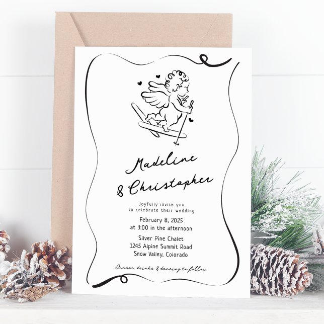 Cute Whimsical Hand plockade Cupid Ski Winter Wedd Inbjudningar (Skapare uppladdad)