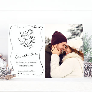 Cute Whimsical Hand plockade Cupid Ski Winter Wedd Spara Datumet
