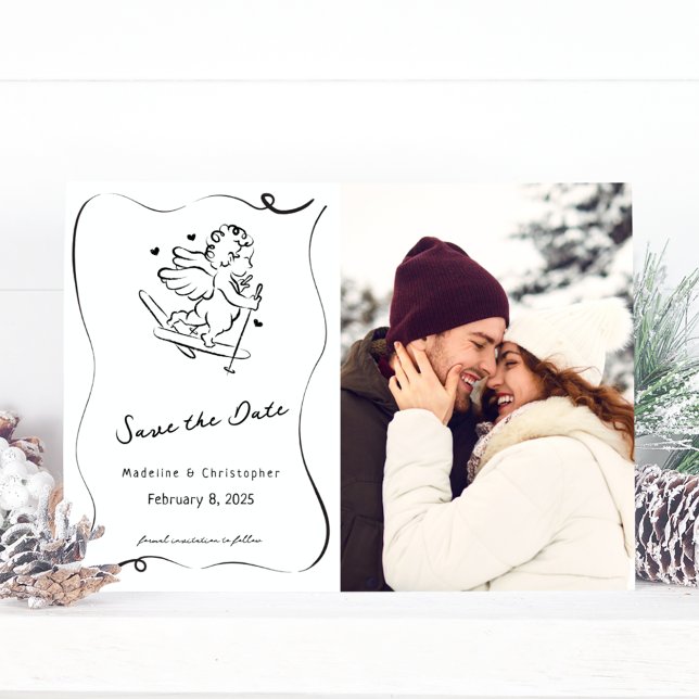 Cute Whimsical Hand plockade Cupid Ski Winter Wedd Spara Datumet (Skapare uppladdad)