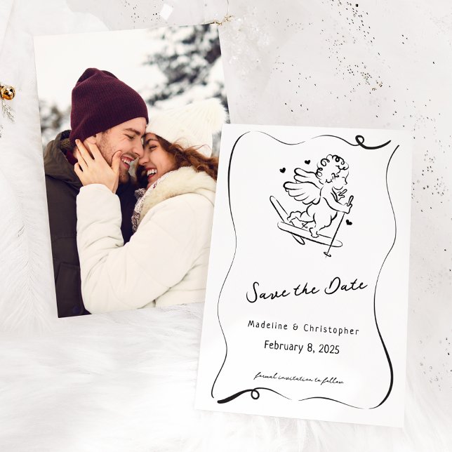 Cute Whimsical Hand plockade Cupid Ski Winter Wedd Spara Datumet (Skapare uppladdad)