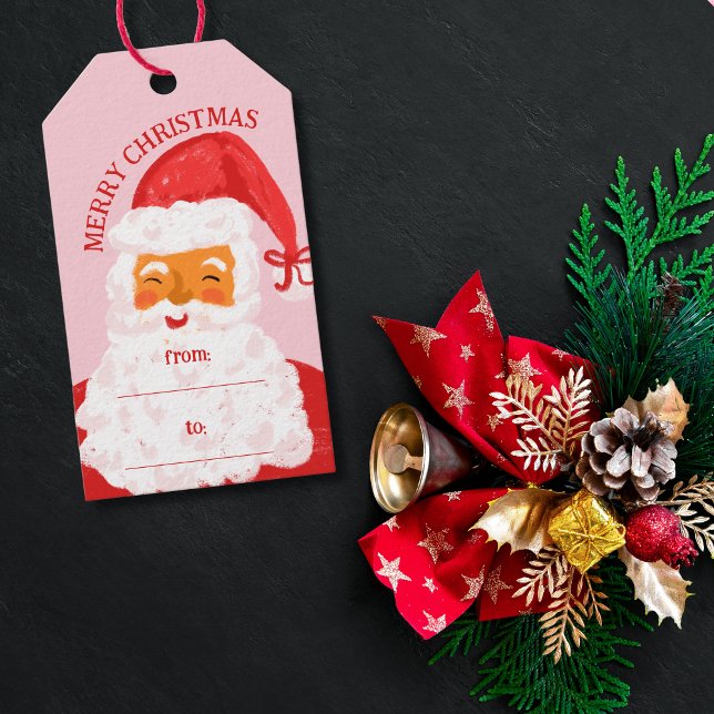 Cute Whimsical Hand plockade Jultomten från till Presentetikett (cute whimsical santa claus on the pink background from to gift tag)