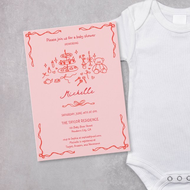 Cute Whimsical Hand plockade Red Rosa Baby Shower Inbjudningar (whimsical hand drawn baby shower invitation in red and pink )