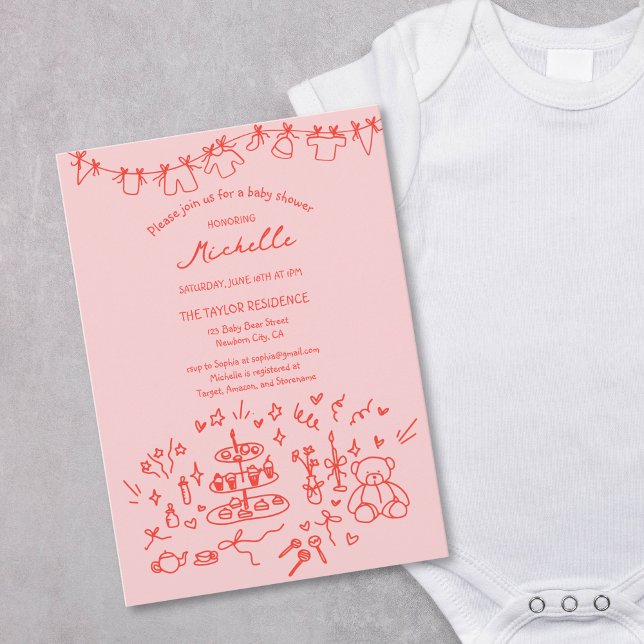 Cute Whimsical Hand plockade Rosa Red Baby Shower Inbjudningar (red and pink hand drawn quirky doodle for baby shower)