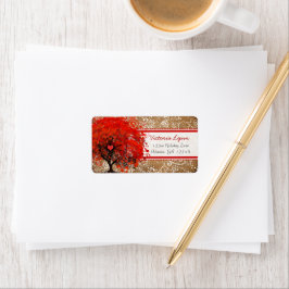 Cute Whimsical Heart Leaered Träd Red Rosa Dots Adressetikett