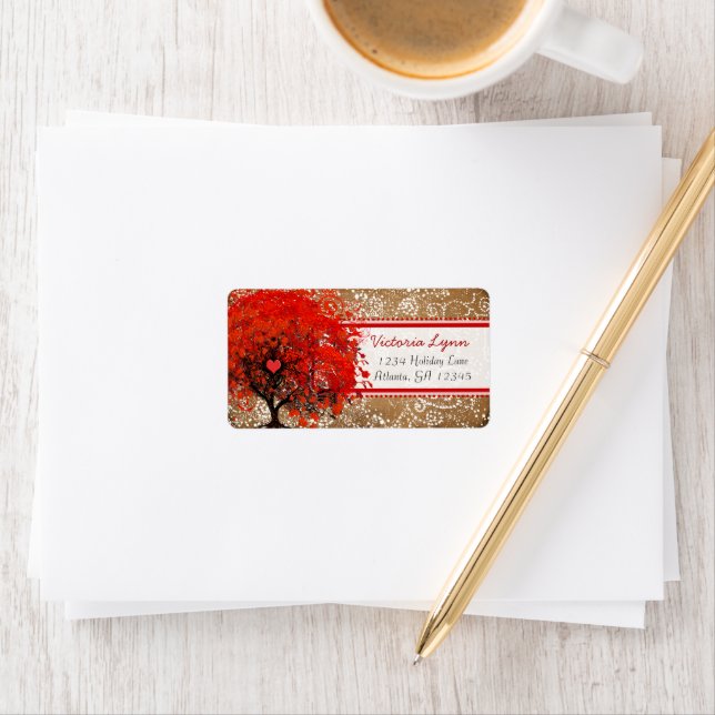 Cute Whimsical Heart Leaered Träd Red Rosa Dots Adressetikett (Insitu)