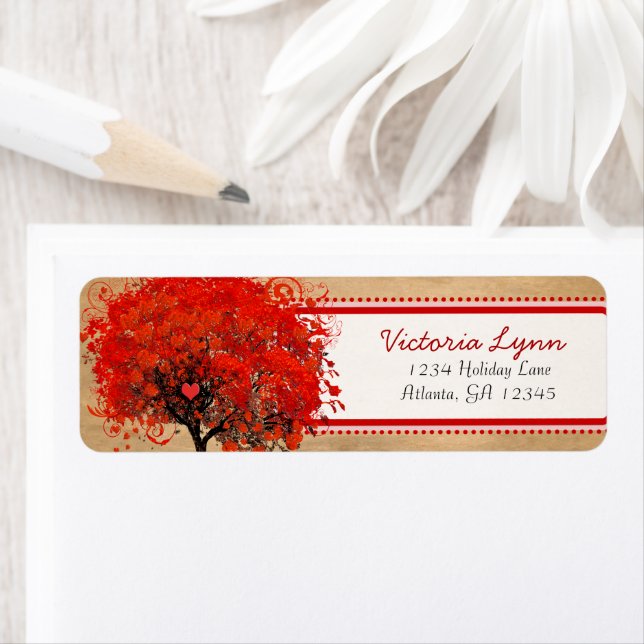 Cute Whimsical Heart Leaered Träd Red Rosa Dots Returadress Etikett (Insitu)