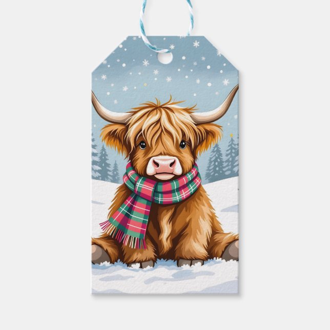 Cute Whimsical Highland Cow-jul Presentetikett (Framsidan)