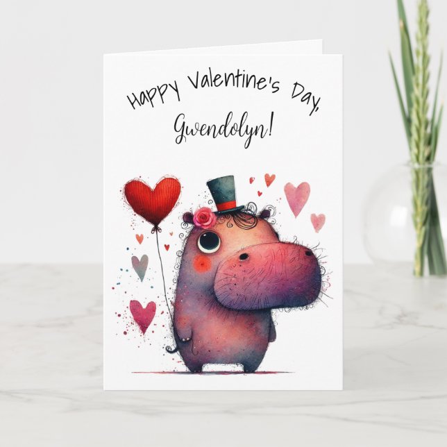 Cute Whimsical Hippo Happy Valentine's Day Kort (Framsida)