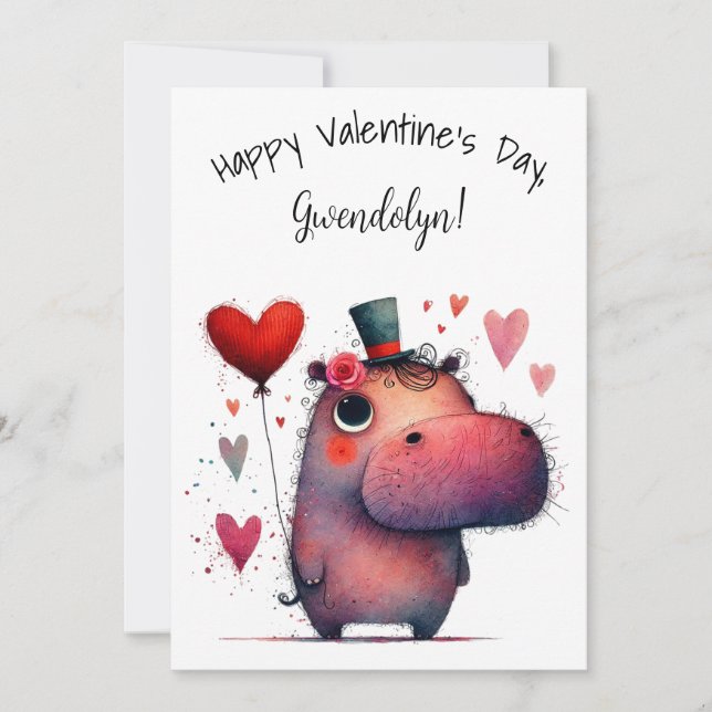 Cute Whimsical Hippo Valentine's Day Flat Kort (Framsida)
