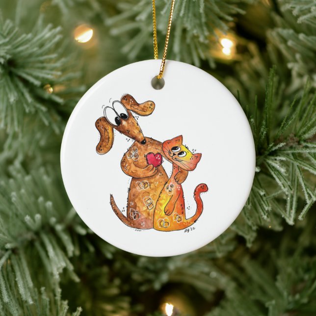 Cute Whimsical Hund and Cat Julgransprydnad Keramik (Träd)