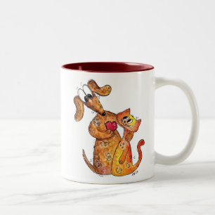 Cute Whimsical Hund and Cat Två-Tonad Mugg