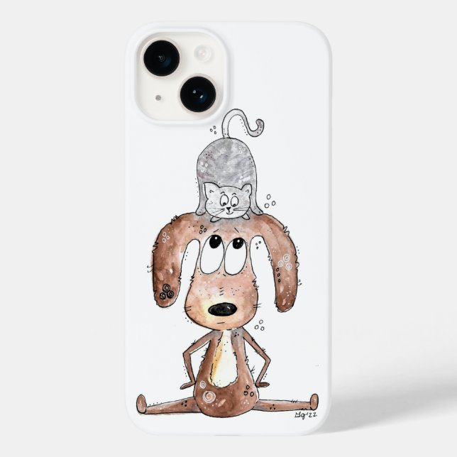 Cute Whimsical Hund med katt på huvudet (Baksida)