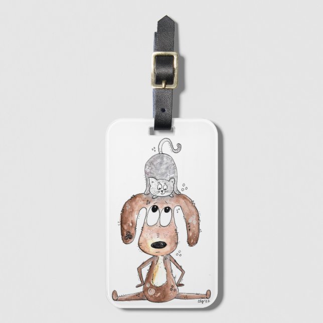 Cute Whimsical Hund med katt på huvudet Bagagebricka (Framsida vertikal)