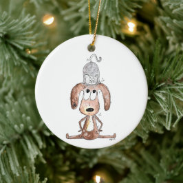 Cute Whimsical Hund med katt på huvudet Julgransprydnad Keramik