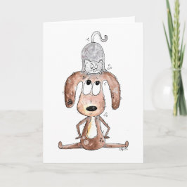 Cute Whimsical Hund med katt på huvudet Kort