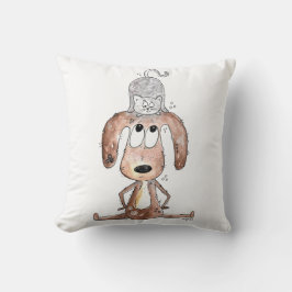 Cute Whimsical Hund med katt på huvudet Kudde