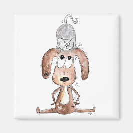 Cute Whimsical Hund med katt på huvudet Magnet