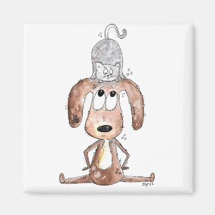 Cute Whimsical Hund med katt på huvudet Magnet
