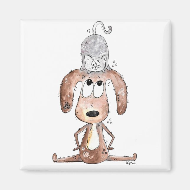 Cute Whimsical Hund med katt på huvudet Magnet (Framsidan)