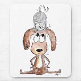 Cute Whimsical Hund med katt på huvudet Musmatta
