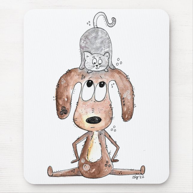 Cute Whimsical Hund med katt på huvudet Musmatta (Framsidan)