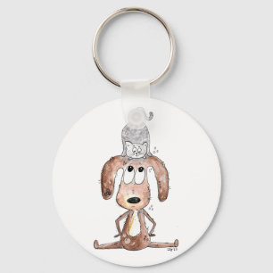 Cute Whimsical Hund med katt på huvudet Nyckelring