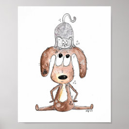 Cute Whimsical Hund med katt på huvudet Poster