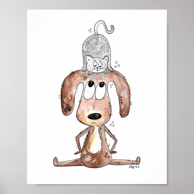 Cute Whimsical Hund med katt på huvudet Poster (Framsidan)