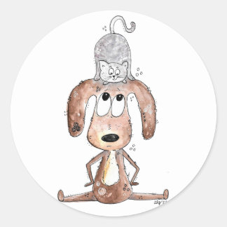 Cute Whimsical Hund med katt på huvudet Runt Klistermärke