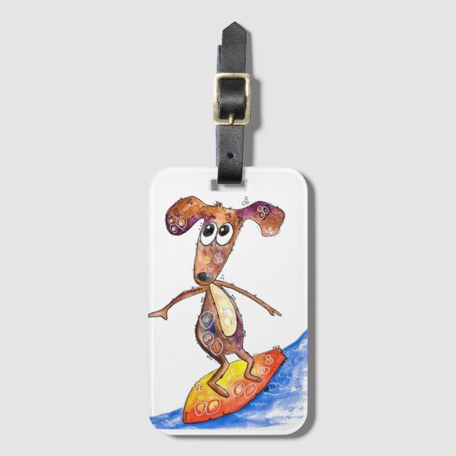 Cute Whimsical Hund på Surfboard Bagagebricka (Framsida vertikal)