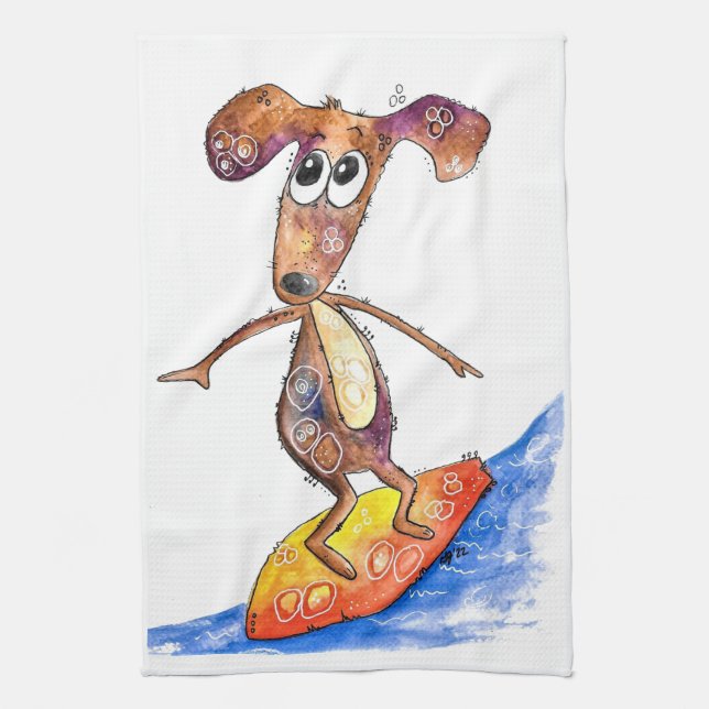 Cute Whimsical Hund på Surfboard Kökshandduk (Vertikal)