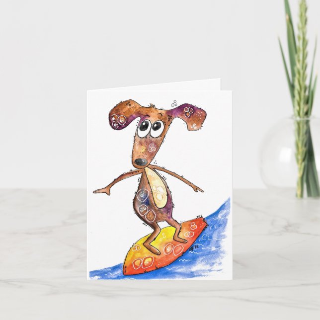 Cute Whimsical Hund på Surfboard Kort (Framsida)