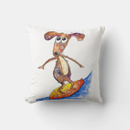 Cute Whimsical Hund på Surfboard Kudde