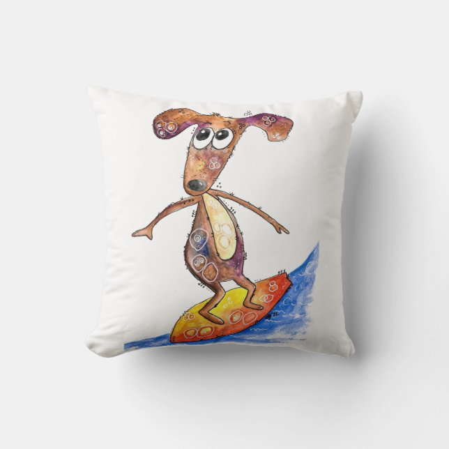 Cute Whimsical Hund på Surfboard Kudde (Framsida)