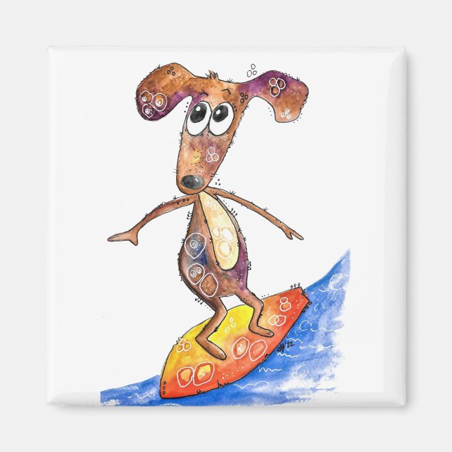 Cute Whimsical Hund på Surfboard Magnet (Framsidan)