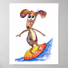 Cute Whimsical Hund på Surfboard Poster