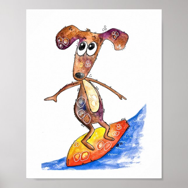 Cute Whimsical Hund på Surfboard Poster (Framsidan)