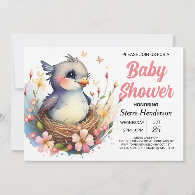 Cute Whimsical in the Skogen Bird Baby Shower Inbjudningar (Framsida)