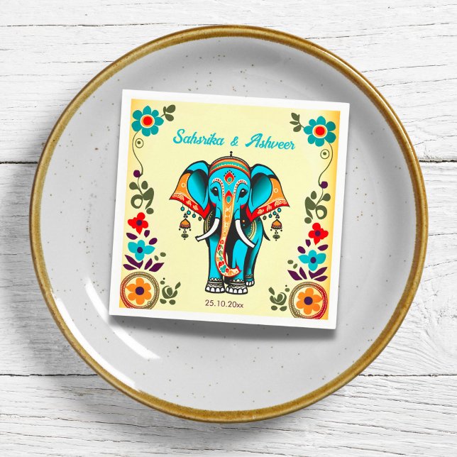 Cute whimsical Indian bröllop ornate elephant Pappersservett (Indian wedding ornate whimsical elephant  wedding tableware personalized napkins)