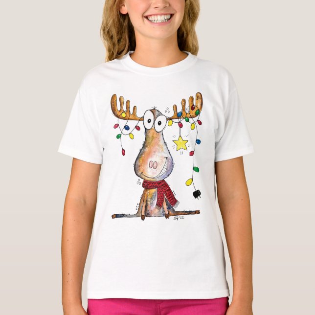 Cute Whimsical jul Moose T Shirt (Framsida)