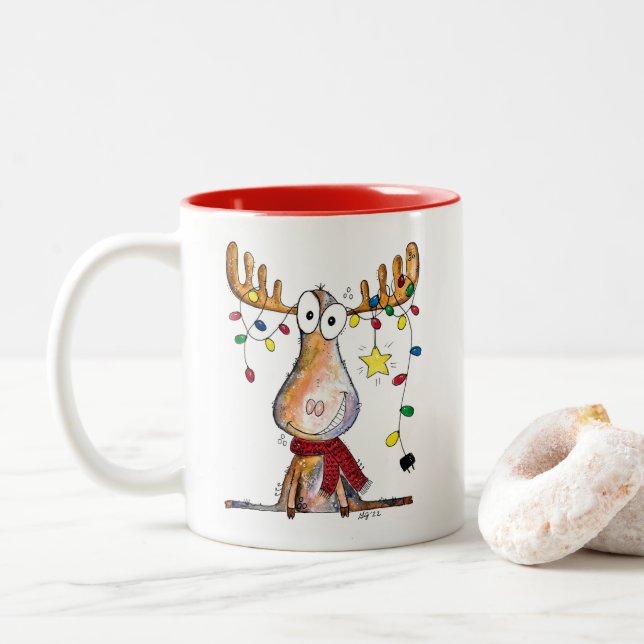 Cute Whimsical jul Moose Två-Tonad Mugg (Med munk)