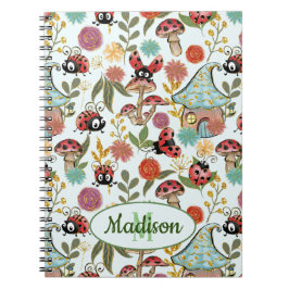 Cute Whimsical Ladybugs Mushroom Flowers Monogram Anteckningsbok