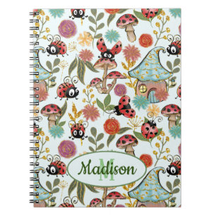 Cute Whimsical Ladybugs Mushroom Flowers Monogram Anteckningsbok