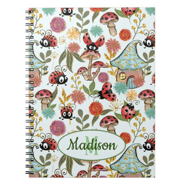 Cute Whimsical Ladybugs Mushroom Flowers Monogram Anteckningsbok (Framsidan)