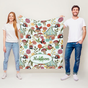 Cute Whimsical Ladybugs Mushroom Flowers Monogram Fleecefilt