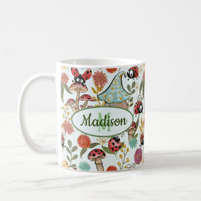 Cute Whimsical Ladybugs Mushroom Flowers Monogram Kaffemugg (Vänster)