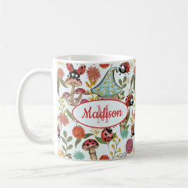 Cute Whimsical Ladybugs Mushroom Flowers Monogram Kaffemugg